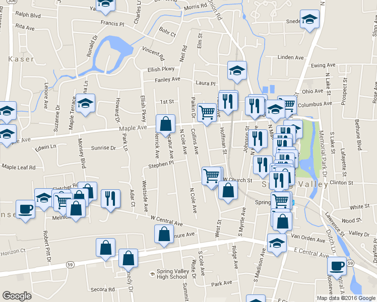 map of restaurants, bars, coffee shops, grocery stores, and more near 60 North Cole Avenue in Spring Valley