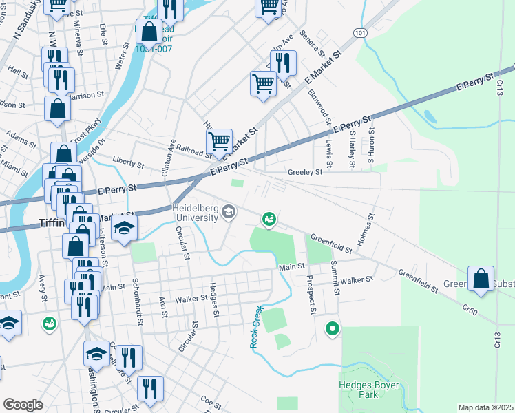 map of restaurants, bars, coffee shops, grocery stores, and more near 119 Greenfield Street in Tiffin