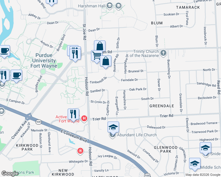 map of restaurants, bars, coffee shops, grocery stores, and more near 4015-4099 Captiva Dr in Fort Wayne