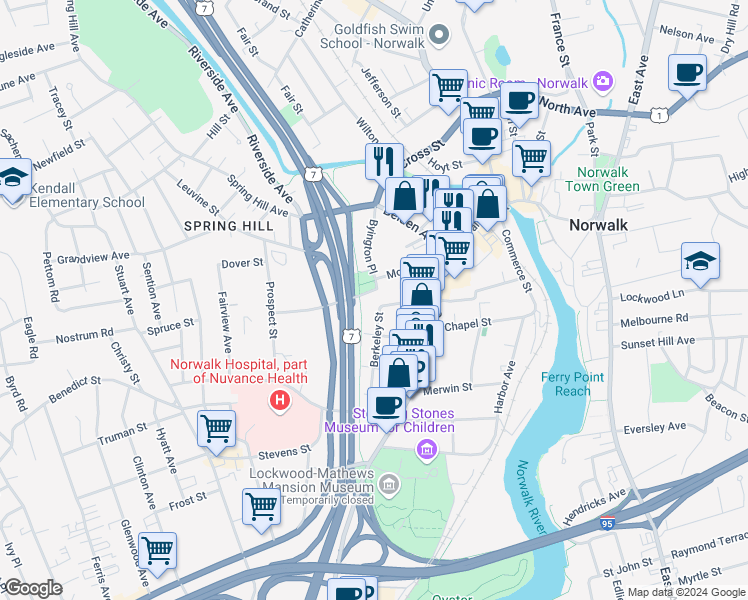 map of restaurants, bars, coffee shops, grocery stores, and more near 15 Berkeley Street in Norwalk