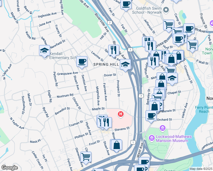map of restaurants, bars, coffee shops, grocery stores, and more near 18 Fairview Avenue in Norwalk