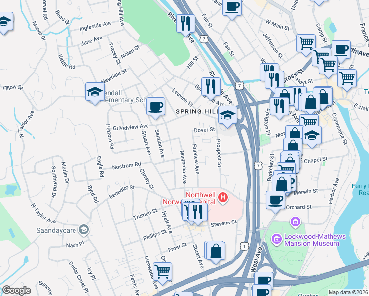 map of restaurants, bars, coffee shops, grocery stores, and more near 76 Magnolia Avenue in Norwalk