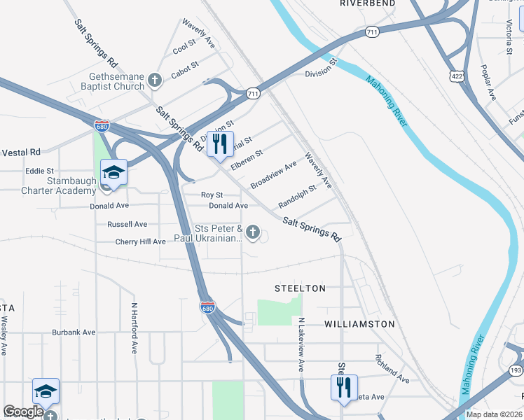 map of restaurants, bars, coffee shops, grocery stores, and more near 1204 Salt Springs Road in Youngstown