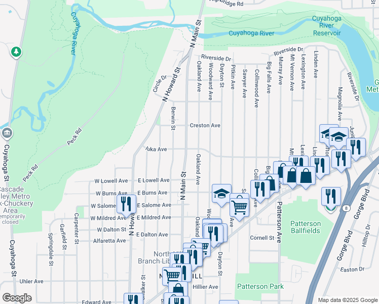 map of restaurants, bars, coffee shops, grocery stores, and more near 1083 North Main Street in Akron