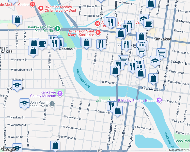 map of restaurants, bars, coffee shops, grocery stores, and more near 581 South 5th Avenue in Kankakee