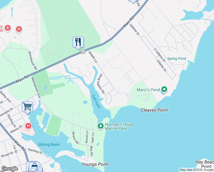 map of restaurants, bars, coffee shops, grocery stores, and more near 265 Marine Place in Greenport