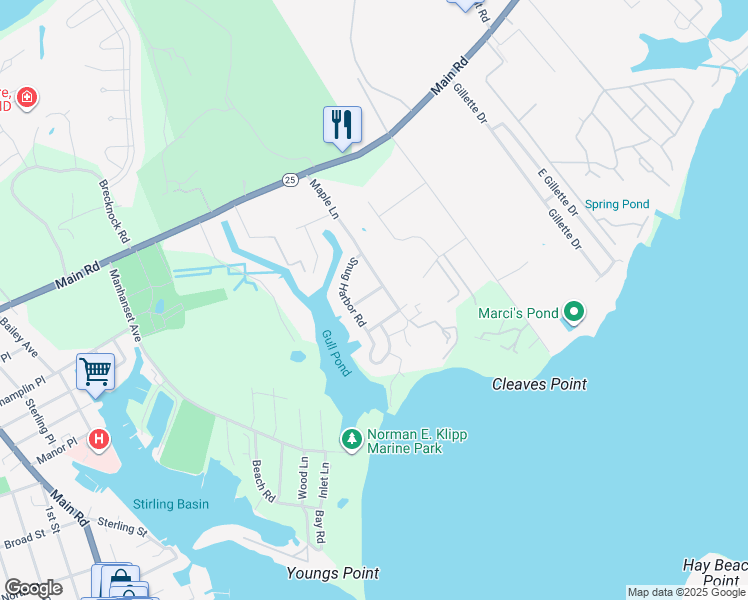 map of restaurants, bars, coffee shops, grocery stores, and more near 265 Marine Place in Greenport