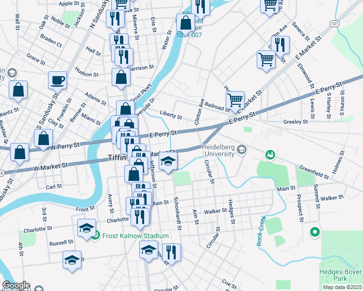 map of restaurants, bars, coffee shops, grocery stores, and more near 213 East Market Street in Tiffin