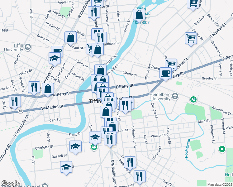 map of restaurants, bars, coffee shops, grocery stores, and more near Court Street in Tiffin