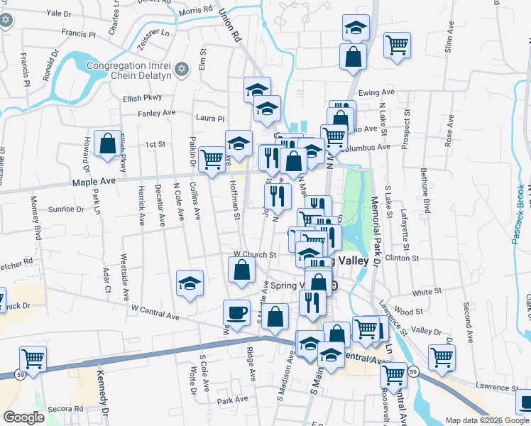 map of restaurants, bars, coffee shops, grocery stores, and more near 25 North Myrtle Avenue in Spring Valley