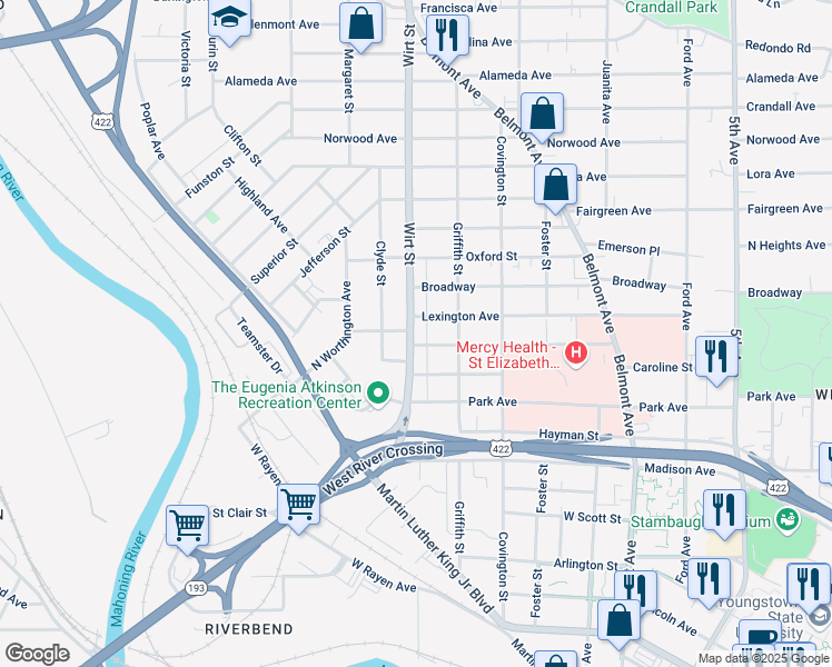 map of restaurants, bars, coffee shops, grocery stores, and more near 197 Wirt Boulevard in Youngstown