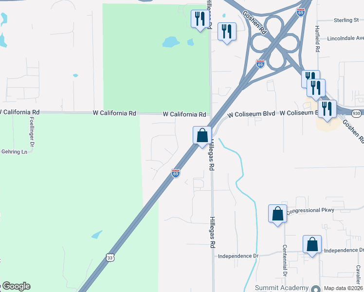 map of restaurants, bars, coffee shops, grocery stores, and more near 4101-4125 Kingsbrook Way in Fort Wayne