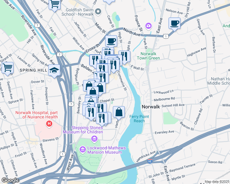 map of restaurants, bars, coffee shops, grocery stores, and more near 15 Chapel Street in Norwalk