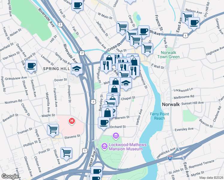 map of restaurants, bars, coffee shops, grocery stores, and more near 694 West Avenue in Norwalk