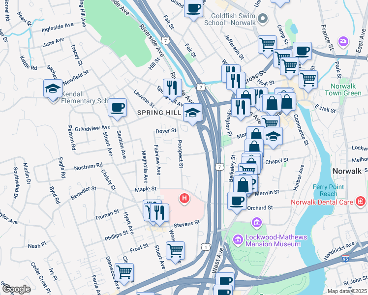 map of restaurants, bars, coffee shops, grocery stores, and more near 22 Bedford Avenue in Norwalk