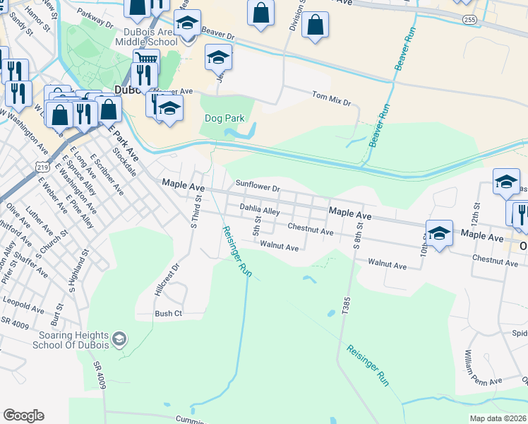 map of restaurants, bars, coffee shops, grocery stores, and more near 615 Chestnut Avenue in DuBois