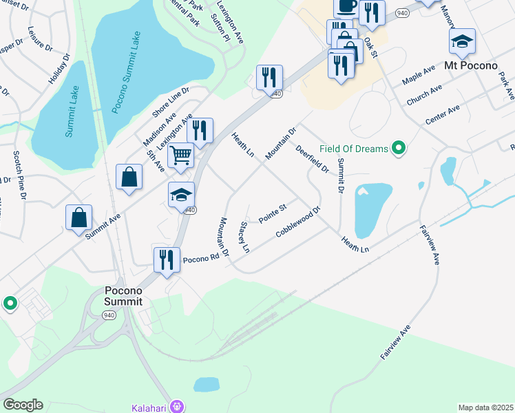 map of restaurants, bars, coffee shops, grocery stores, and more near 12 Stacey Lane in Mount Pocono