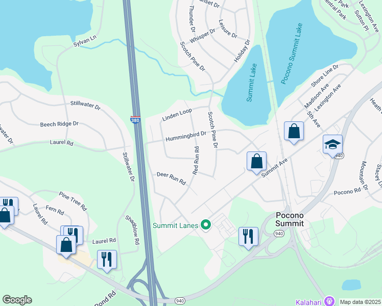 map of restaurants, bars, coffee shops, grocery stores, and more near 13 Red Run Road in Pocono Summit