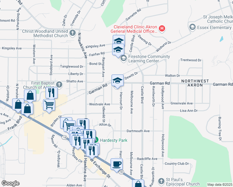 map of restaurants, bars, coffee shops, grocery stores, and more near 1393 Westvale Avenue in Akron