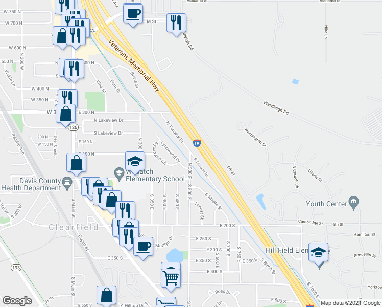 map of restaurants, bars, coffee shops, grocery stores, and more near 2 North Terrace Drive in Clearfield