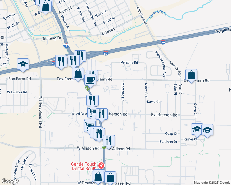 map of restaurants, bars, coffee shops, grocery stores, and more near 411 East Fox Farm Road in Cheyenne