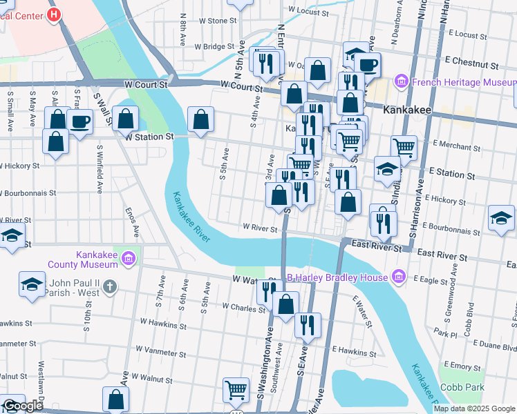 map of restaurants, bars, coffee shops, grocery stores, and more near 556 South 3rd Avenue in Kankakee
