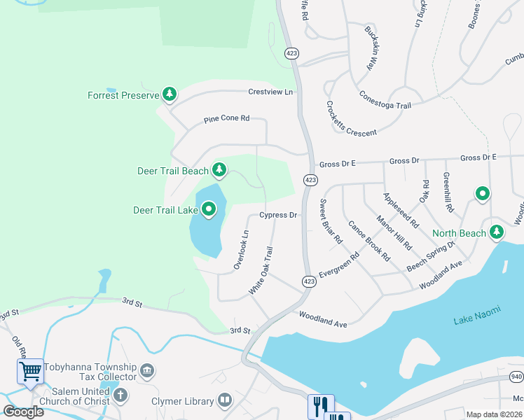 map of restaurants, bars, coffee shops, grocery stores, and more near Cypress Dr in Pocono Pines