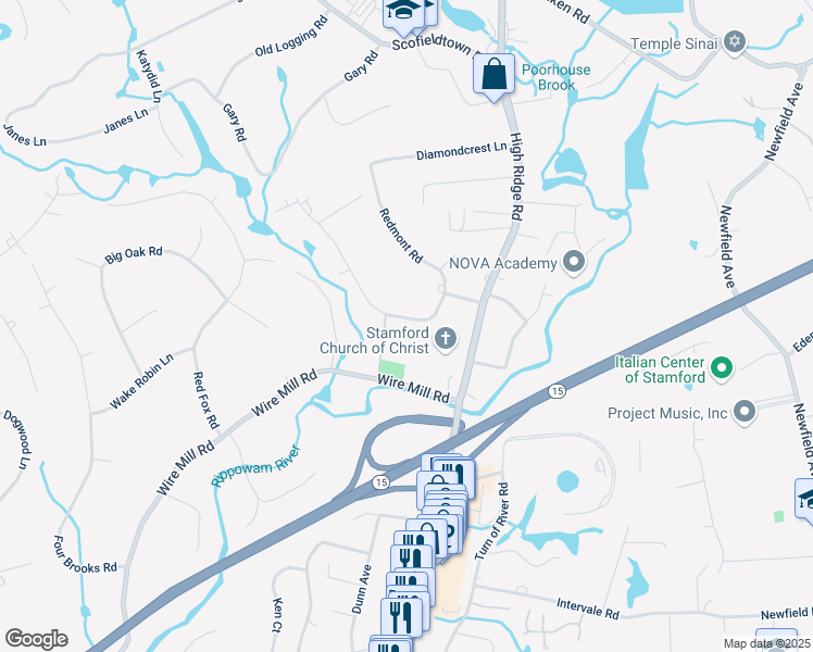 map of restaurants, bars, coffee shops, grocery stores, and more near 76 Opper Road in Stamford