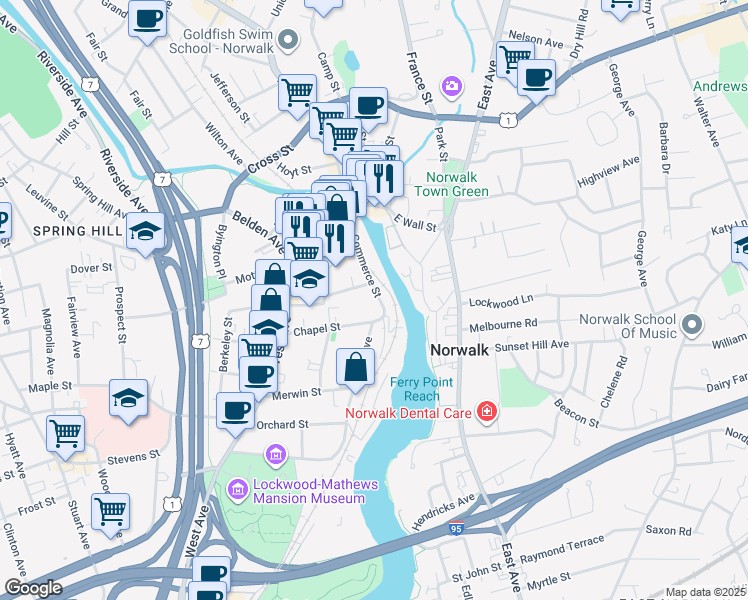 map of restaurants, bars, coffee shops, grocery stores, and more near 35 Chapel Street in Norwalk