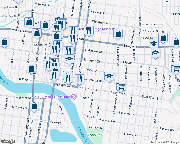map of restaurants, bars, coffee shops, grocery stores, and more near 414 South Chicago Avenue in Kankakee