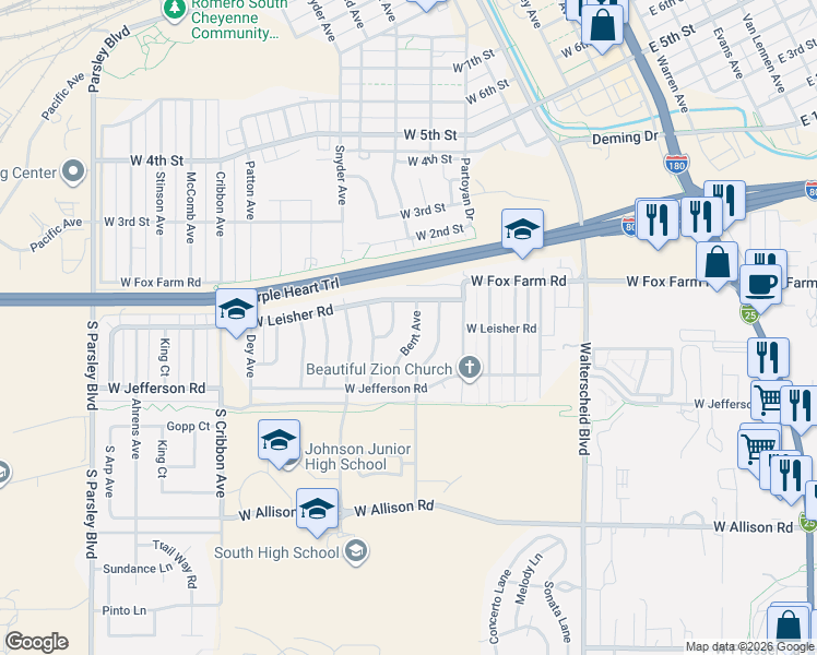 map of restaurants, bars, coffee shops, grocery stores, and more near 243 Norma Court in Cheyenne