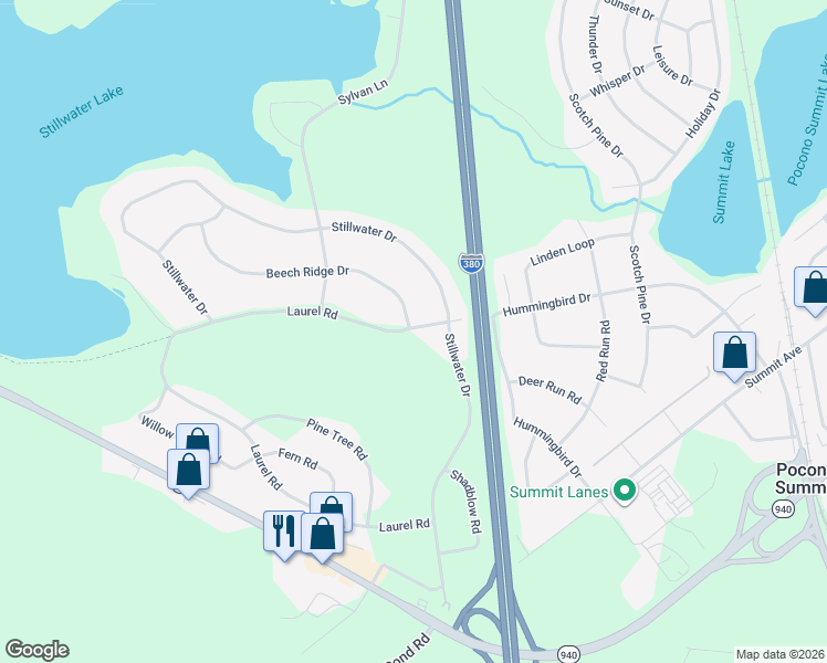 map of restaurants, bars, coffee shops, grocery stores, and more near 518 Woodland Dr in East Stroudsburg