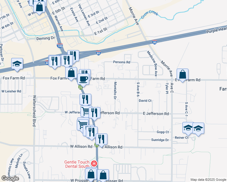 map of restaurants, bars, coffee shops, grocery stores, and more near 411 East Fox Farm Road in Cheyenne