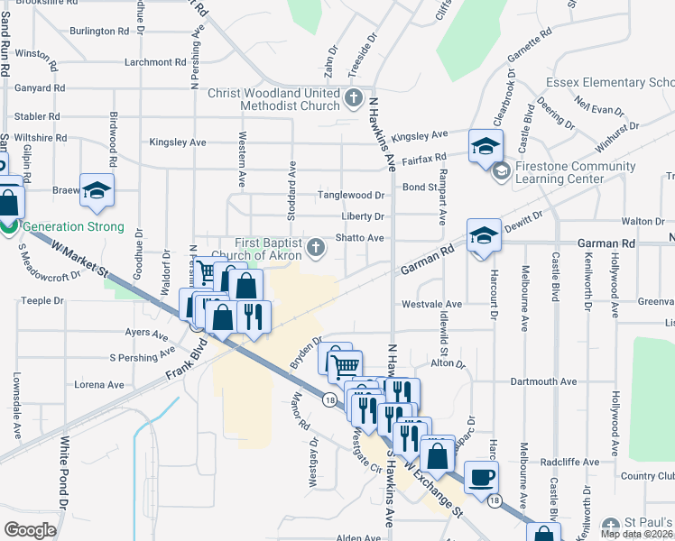 map of restaurants, bars, coffee shops, grocery stores, and more near 1630 Garman Road in Akron