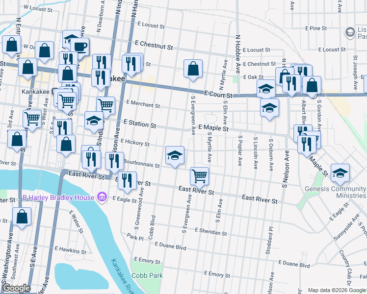 map of restaurants, bars, coffee shops, grocery stores, and more near 429 South Wildwood Avenue in Kankakee