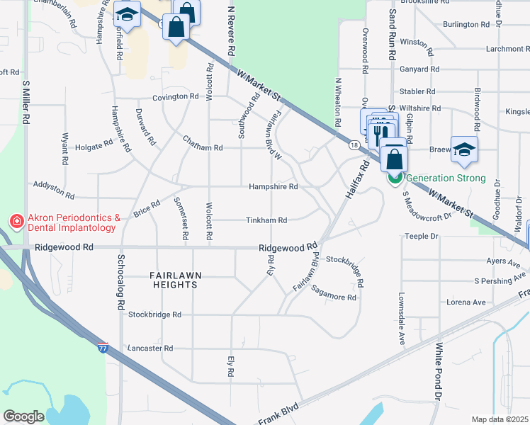 map of restaurants, bars, coffee shops, grocery stores, and more near 220 Ely Road in Akron