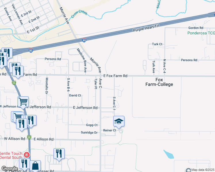 map of restaurants, bars, coffee shops, grocery stores, and more near 101 Avenue C in Cheyenne