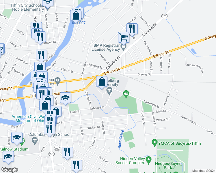 map of restaurants, bars, coffee shops, grocery stores, and more near 67 Greenfield St in Tiffin