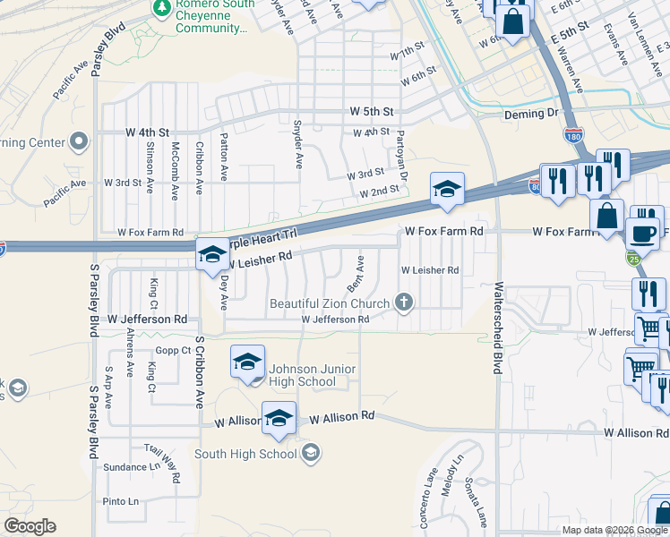 map of restaurants, bars, coffee shops, grocery stores, and more near 243 Norma Court in Cheyenne