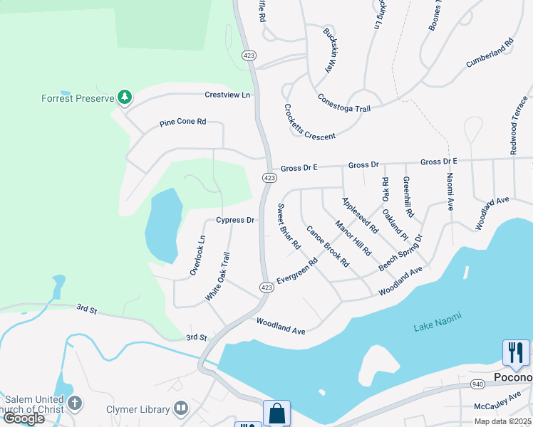 map of restaurants, bars, coffee shops, grocery stores, and more near 316 Pennsylvania 423 in Pocono Pines