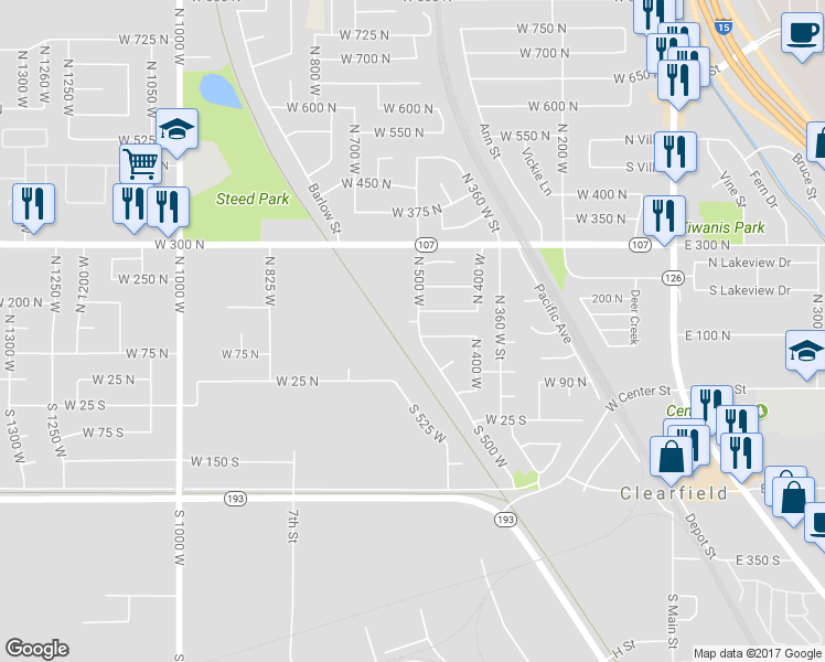 map of restaurants, bars, coffee shops, grocery stores, and more near 168 North 500 West in Clearfield