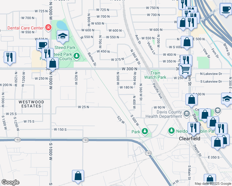 map of restaurants, bars, coffee shops, grocery stores, and more near 168 North 500 West in Clearfield
