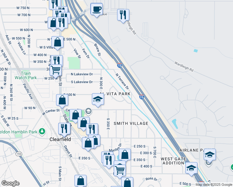 map of restaurants, bars, coffee shops, grocery stores, and more near 123 Lynnwood Drive in Clearfield