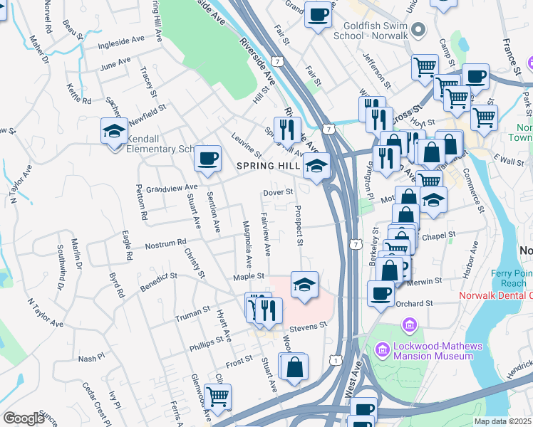 map of restaurants, bars, coffee shops, grocery stores, and more near 18 Fairview Avenue in Norwalk