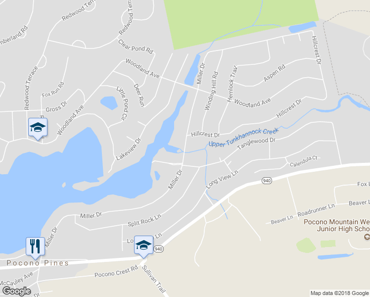 map of restaurants, bars, coffee shops, grocery stores, and more near Miller Drive in Pocono Pines