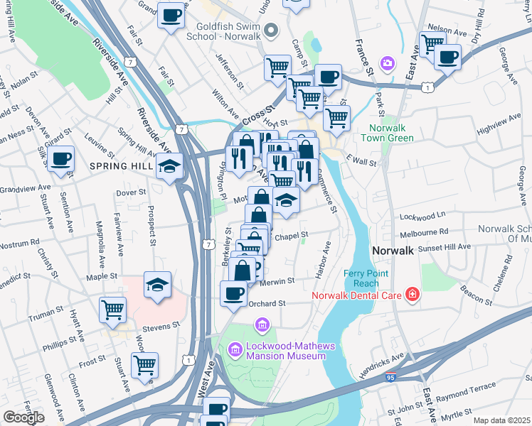 map of restaurants, bars, coffee shops, grocery stores, and more near 694 West Avenue in Norwalk