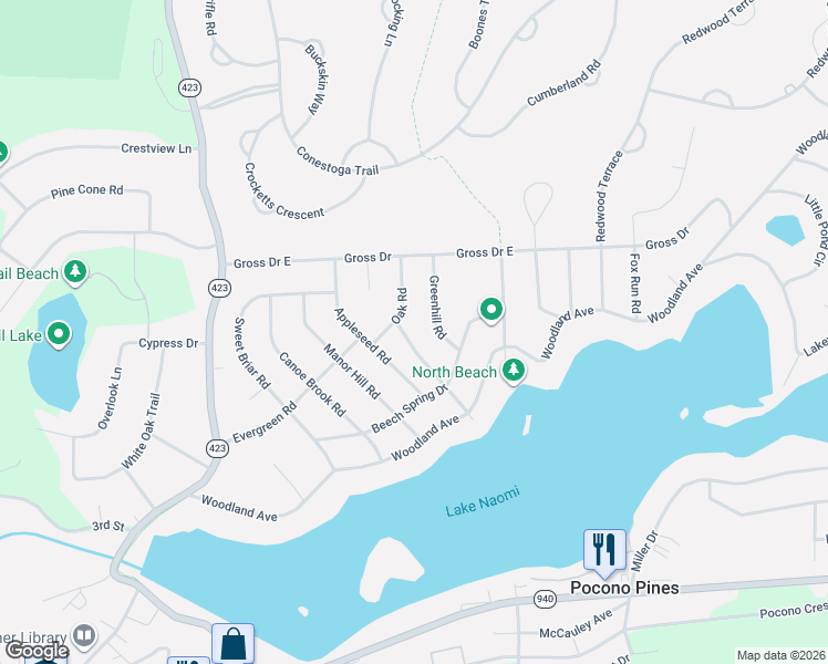 map of restaurants, bars, coffee shops, grocery stores, and more near Oakland Pl in Pocono Pines