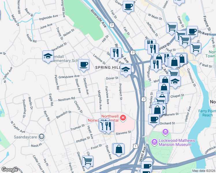 map of restaurants, bars, coffee shops, grocery stores, and more near 18 Fairview Avenue in Norwalk