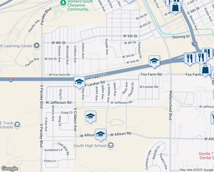 map of restaurants, bars, coffee shops, grocery stores, and more near 245 South Snyder Avenue in Cheyenne