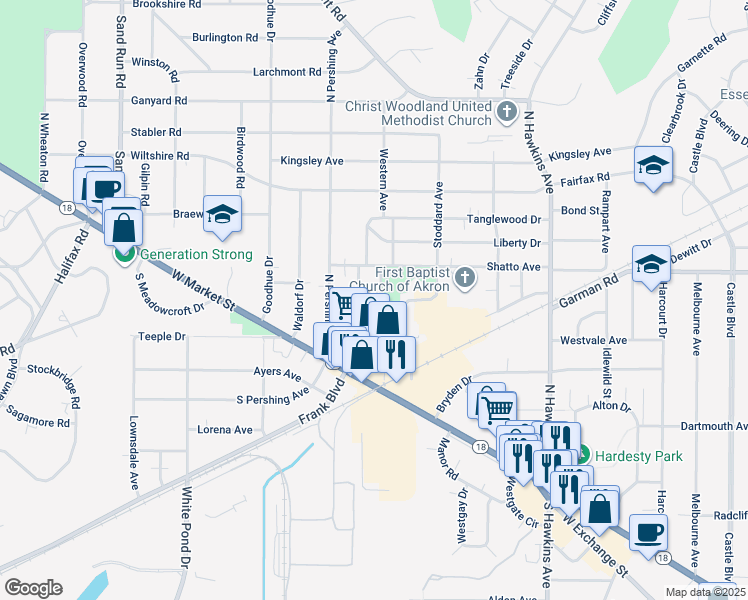 map of restaurants, bars, coffee shops, grocery stores, and more near 103 Western Avenue in Akron